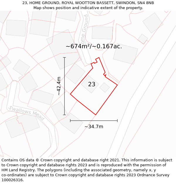 23, HOME GROUND, ROYAL WOOTTON BASSETT, SWINDON, SN4 8NB: Plot and title map