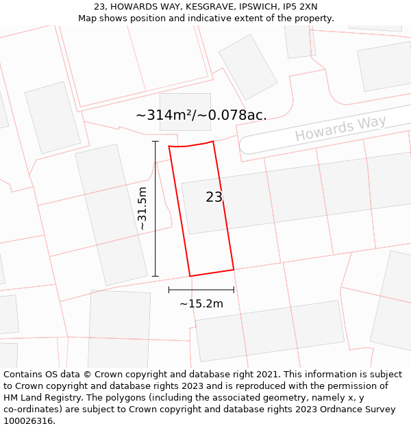 23, HOWARDS WAY, KESGRAVE, IPSWICH, IP5 2XN: Plot and title map