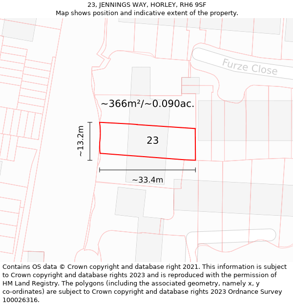 23, JENNINGS WAY, HORLEY, RH6 9SF: Plot and title map