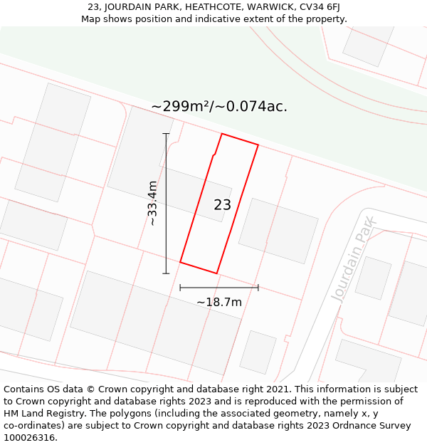 23, JOURDAIN PARK, HEATHCOTE, WARWICK, CV34 6FJ: Plot and title map