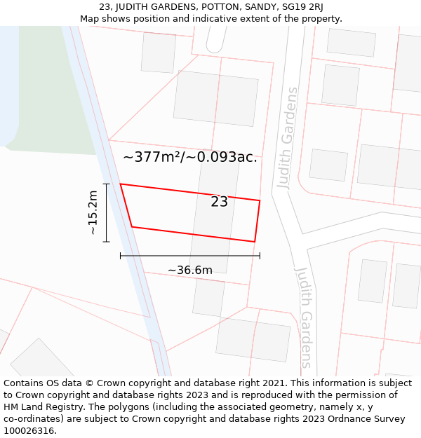 23, JUDITH GARDENS, POTTON, SANDY, SG19 2RJ: Plot and title map
