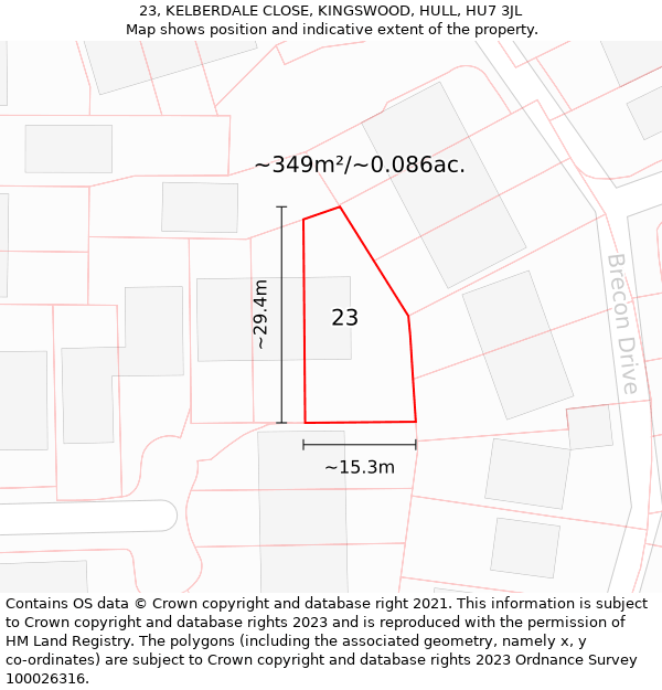 23, KELBERDALE CLOSE, KINGSWOOD, HULL, HU7 3JL: Plot and title map