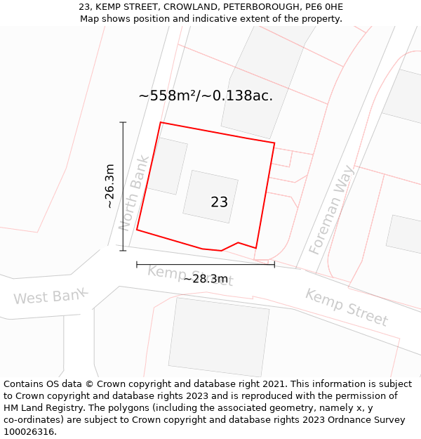 23, KEMP STREET, CROWLAND, PETERBOROUGH, PE6 0HE: Plot and title map