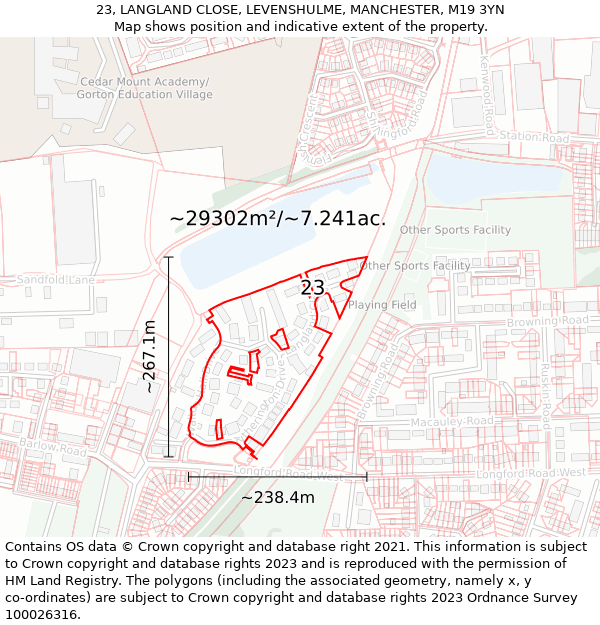 23, LANGLAND CLOSE, LEVENSHULME, MANCHESTER, M19 3YN: Plot and title map