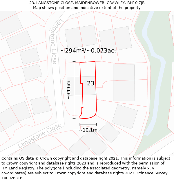 23, LANGSTONE CLOSE, MAIDENBOWER, CRAWLEY, RH10 7JR: Plot and title map