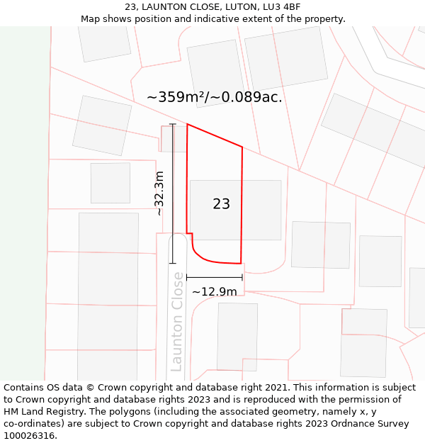 23, LAUNTON CLOSE, LUTON, LU3 4BF: Plot and title map