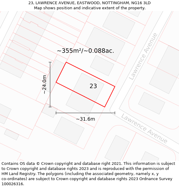 23, LAWRENCE AVENUE, EASTWOOD, NOTTINGHAM, NG16 3LD: Plot and title map