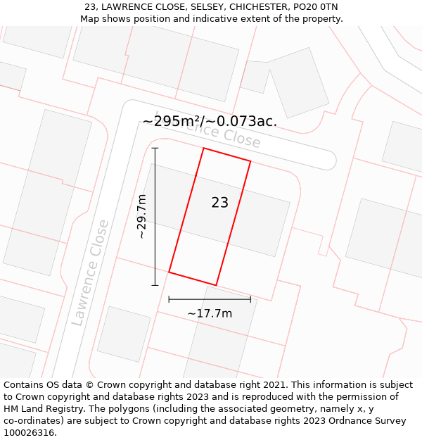 23, LAWRENCE CLOSE, SELSEY, CHICHESTER, PO20 0TN: Plot and title map