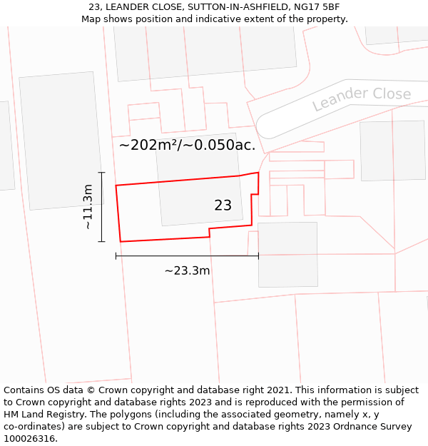 23, LEANDER CLOSE, SUTTON-IN-ASHFIELD, NG17 5BF: Plot and title map