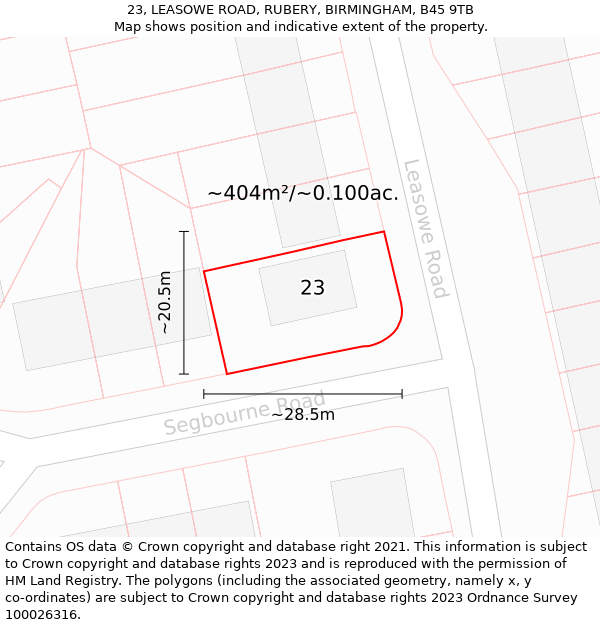 23, LEASOWE ROAD, RUBERY, BIRMINGHAM, B45 9TB: Plot and title map