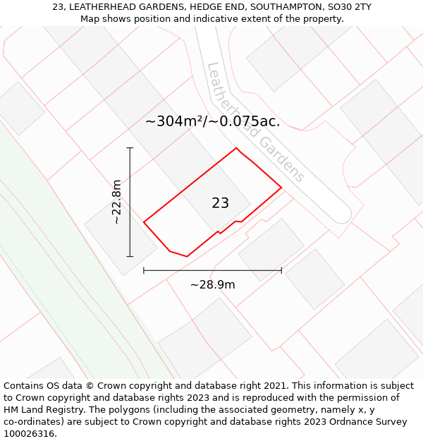 23, LEATHERHEAD GARDENS, HEDGE END, SOUTHAMPTON, SO30 2TY: Plot and title map