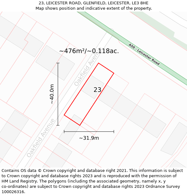 23, LEICESTER ROAD, GLENFIELD, LEICESTER, LE3 8HE: Plot and title map