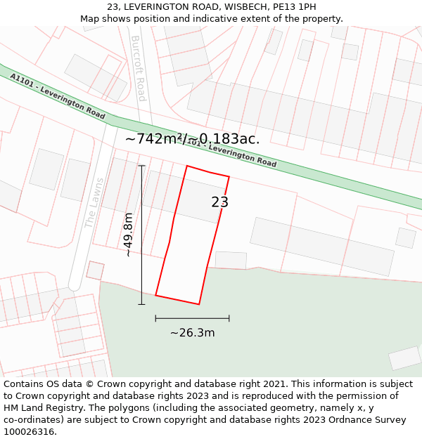 23, LEVERINGTON ROAD, WISBECH, PE13 1PH: Plot and title map