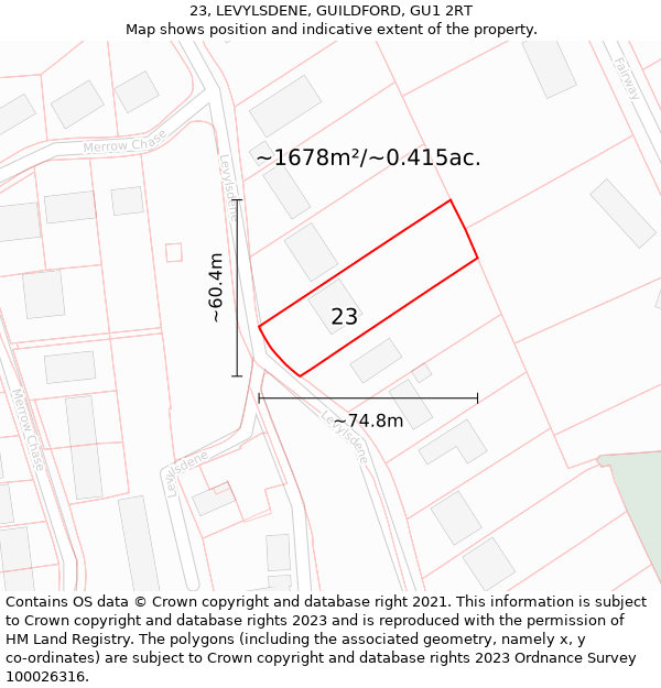 23, LEVYLSDENE, GUILDFORD, GU1 2RT: Plot and title map