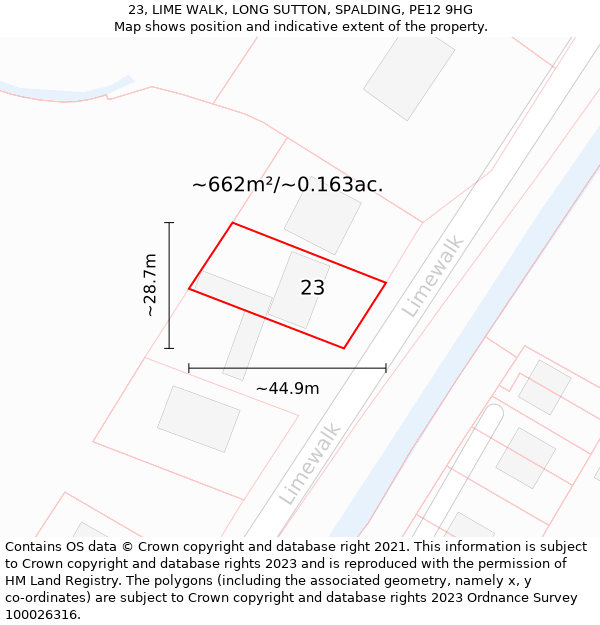 23, LIME WALK, LONG SUTTON, SPALDING, PE12 9HG: Plot and title map