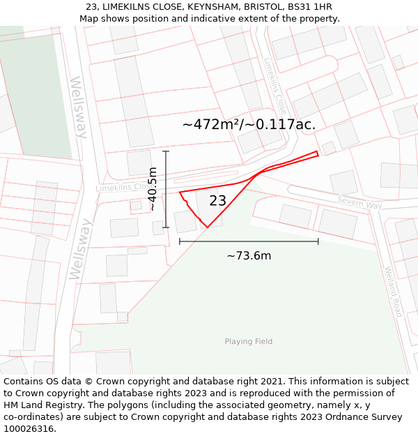 23, LIMEKILNS CLOSE, KEYNSHAM, BRISTOL, BS31 1HR: Plot and title map