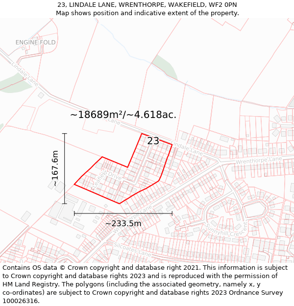 23, LINDALE LANE, WRENTHORPE, WAKEFIELD, WF2 0PN: Plot and title map