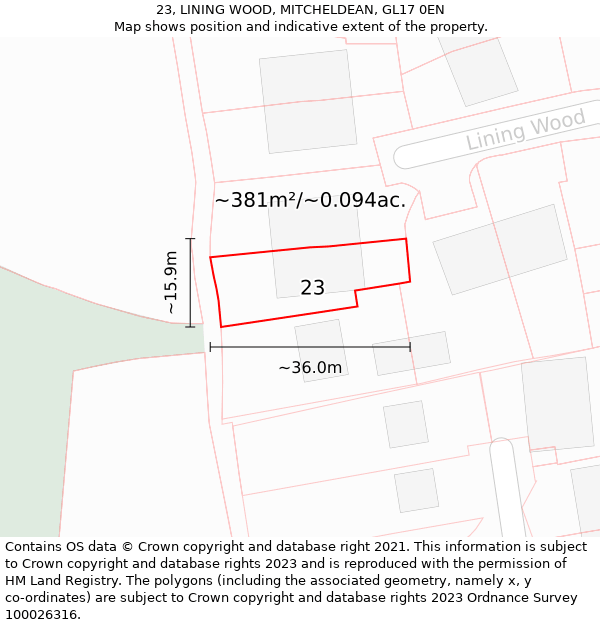 23, LINING WOOD, MITCHELDEAN, GL17 0EN: Plot and title map