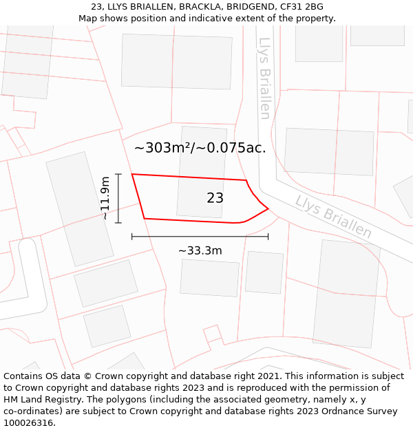 23, LLYS BRIALLEN, BRACKLA, BRIDGEND, CF31 2BG: Plot and title map