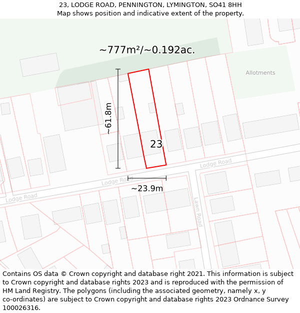 23, LODGE ROAD, PENNINGTON, LYMINGTON, SO41 8HH: Plot and title map
