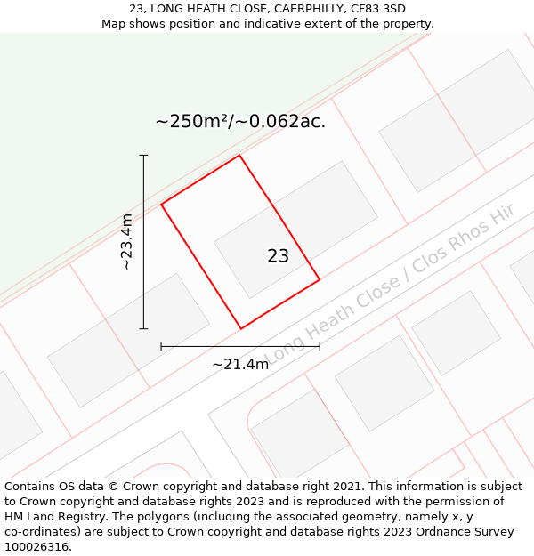 23, LONG HEATH CLOSE, CAERPHILLY, CF83 3SD: Plot and title map