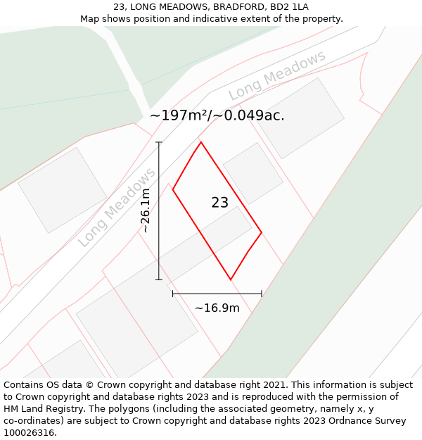 23, LONG MEADOWS, BRADFORD, BD2 1LA: Plot and title map