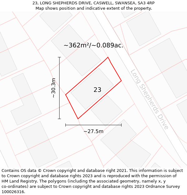 23, LONG SHEPHERDS DRIVE, CASWELL, SWANSEA, SA3 4RP: Plot and title map