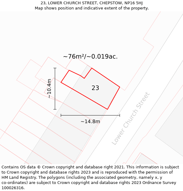 23, LOWER CHURCH STREET, CHEPSTOW, NP16 5HJ: Plot and title map