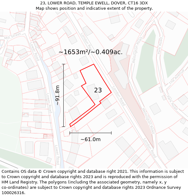 23, LOWER ROAD, TEMPLE EWELL, DOVER, CT16 3DX: Plot and title map