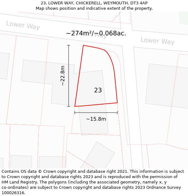 23, LOWER WAY, CHICKERELL, WEYMOUTH, DT3 4AP: Plot and title map