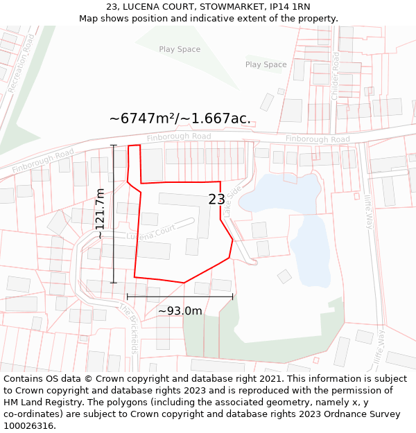 23, LUCENA COURT, STOWMARKET, IP14 1RN: Plot and title map