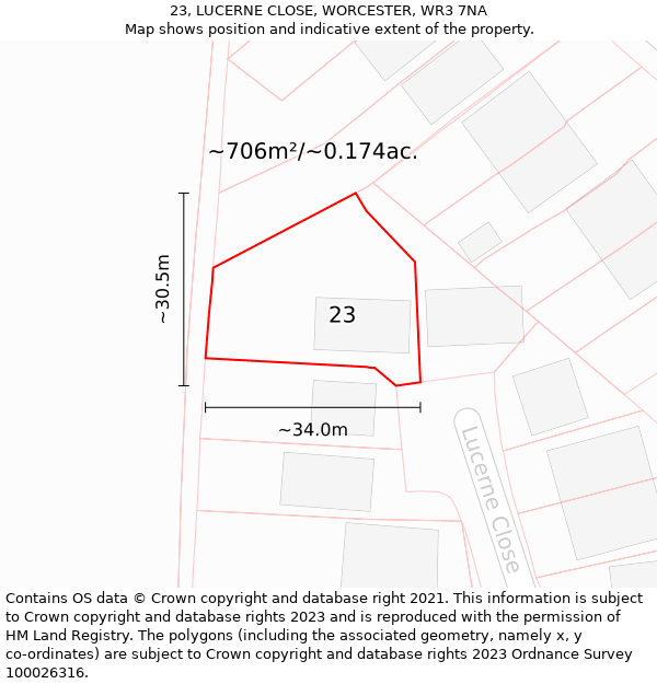 23, LUCERNE CLOSE, WORCESTER, WR3 7NA: Plot and title map