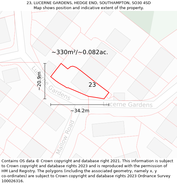 23, LUCERNE GARDENS, HEDGE END, SOUTHAMPTON, SO30 4SD: Plot and title map