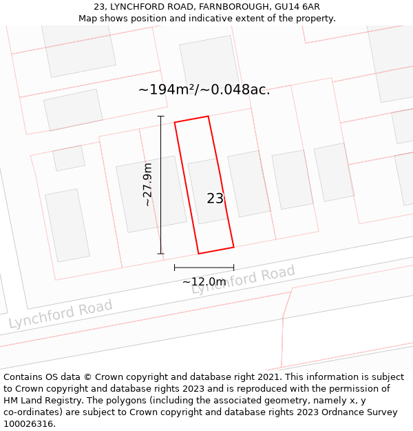 23, LYNCHFORD ROAD, FARNBOROUGH, GU14 6AR: Plot and title map