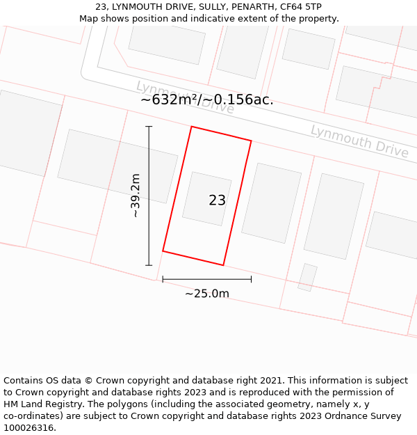 23, LYNMOUTH DRIVE, SULLY, PENARTH, CF64 5TP: Plot and title map