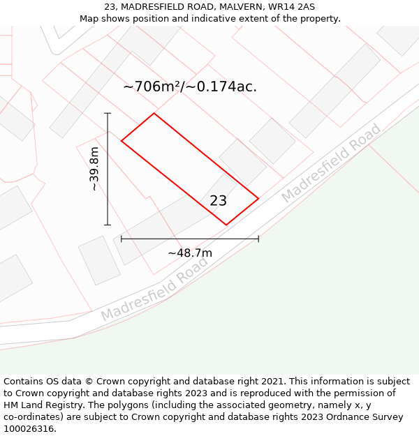 23, MADRESFIELD ROAD, MALVERN, WR14 2AS: Plot and title map