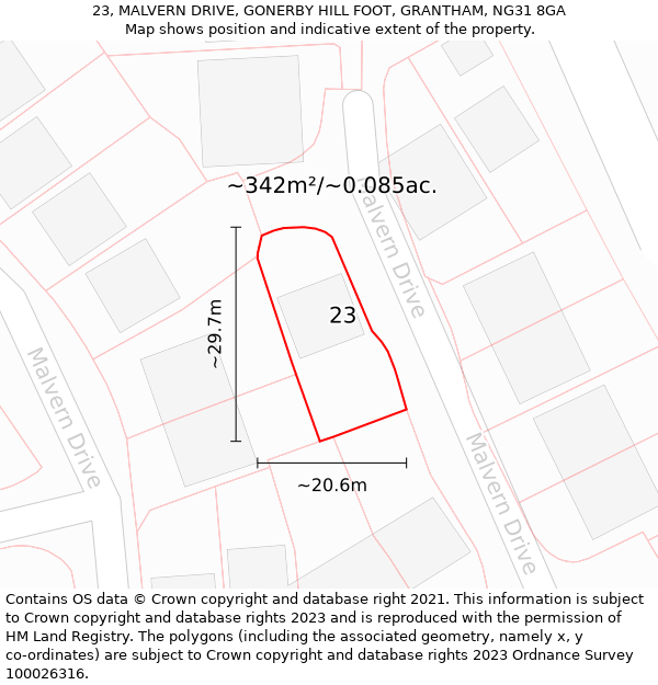 23, MALVERN DRIVE, GONERBY HILL FOOT, GRANTHAM, NG31 8GA: Plot and title map