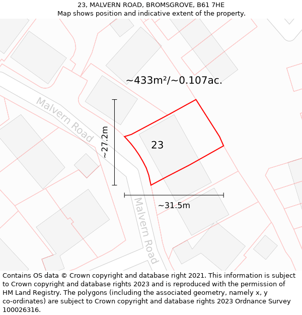 23, MALVERN ROAD, BROMSGROVE, B61 7HE: Plot and title map