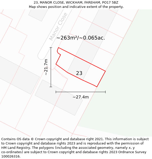 23, MANOR CLOSE, WICKHAM, FAREHAM, PO17 5BZ: Plot and title map