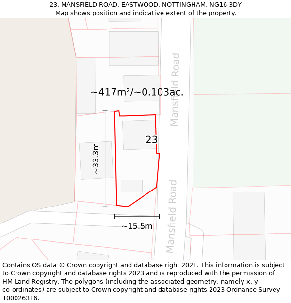 23, MANSFIELD ROAD, EASTWOOD, NOTTINGHAM, NG16 3DY: Plot and title map