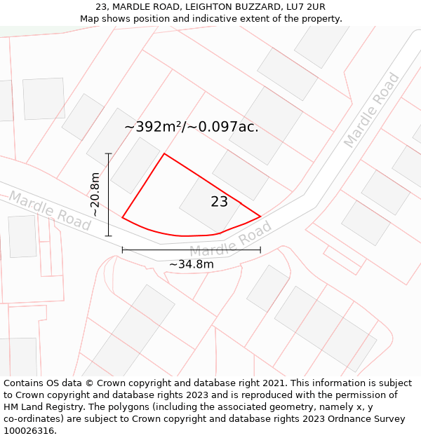 23, MARDLE ROAD, LEIGHTON BUZZARD, LU7 2UR: Plot and title map