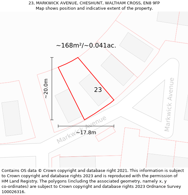 23, MARKWICK AVENUE, CHESHUNT, WALTHAM CROSS, EN8 9FP: Plot and title map