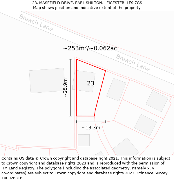 23, MASEFIELD DRIVE, EARL SHILTON, LEICESTER, LE9 7GS: Plot and title map