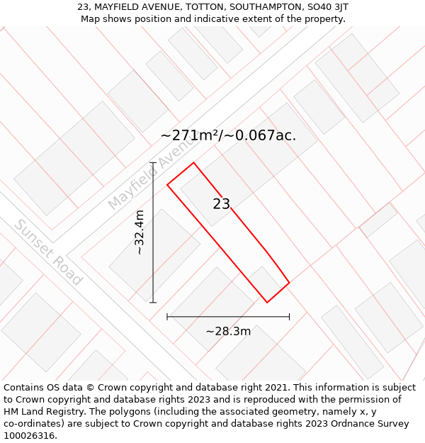 23, MAYFIELD AVENUE, TOTTON, SOUTHAMPTON, SO40 3JT: Plot and title map