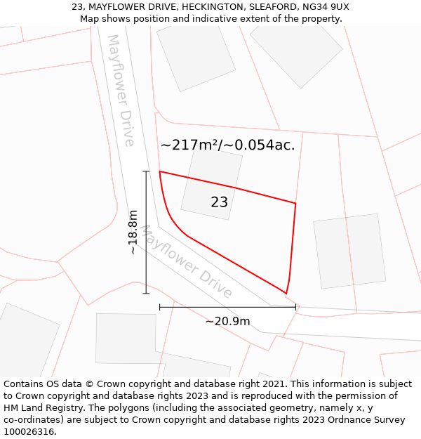 23, MAYFLOWER DRIVE, HECKINGTON, SLEAFORD, NG34 9UX: Plot and title map