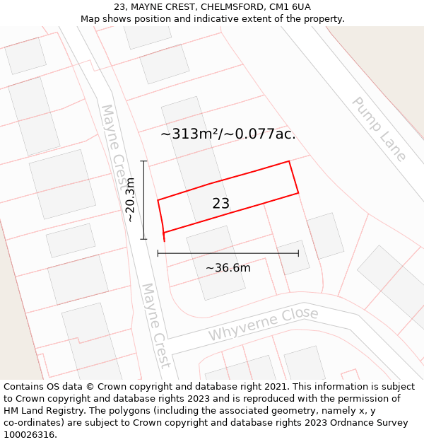 23, MAYNE CREST, CHELMSFORD, CM1 6UA: Plot and title map