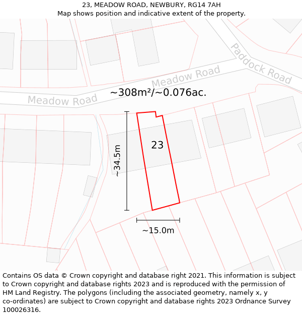 23, MEADOW ROAD, NEWBURY, RG14 7AH: Plot and title map