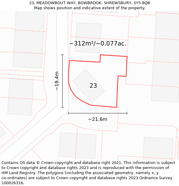 23, MEADOWBOUT WAY, BOWBROOK, SHREWSBURY, SY5 8QB: Plot and title map