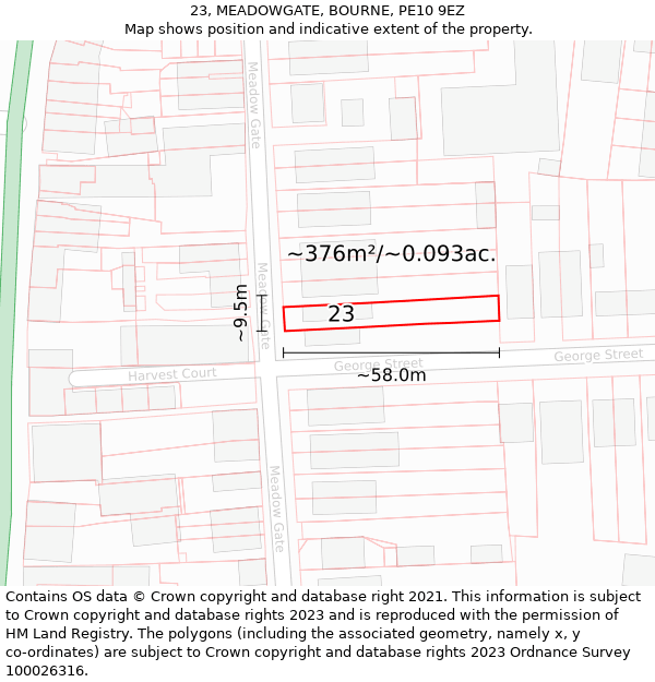 23, MEADOWGATE, BOURNE, PE10 9EZ: Plot and title map