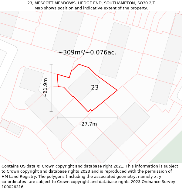 23, MESCOTT MEADOWS, HEDGE END, SOUTHAMPTON, SO30 2JT: Plot and title map